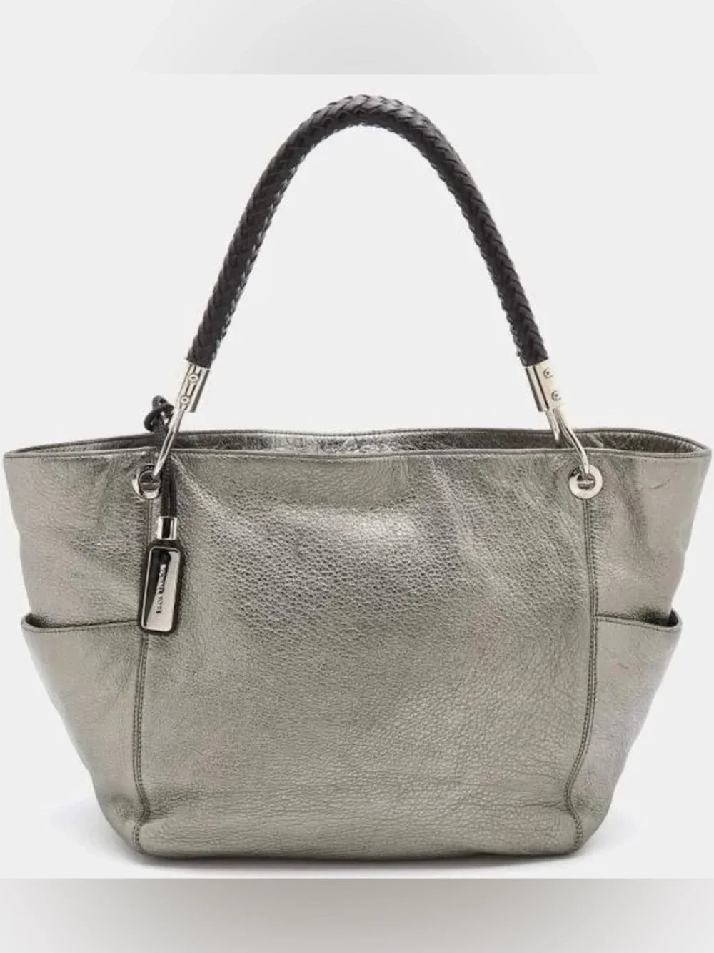 Michael Kors Skorpios Metallic Silver Leather Tote Bag Purse with Braided Handle